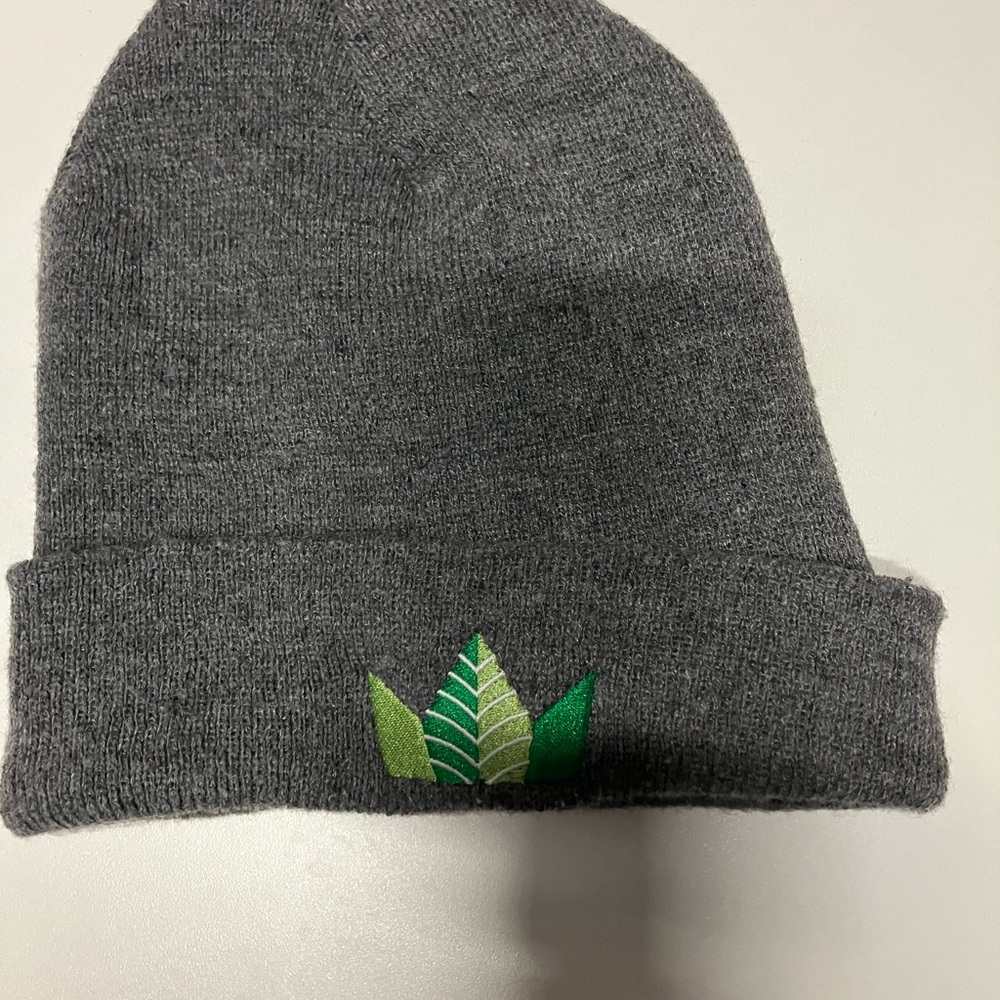 Gray Beanie with Green Leaf Design